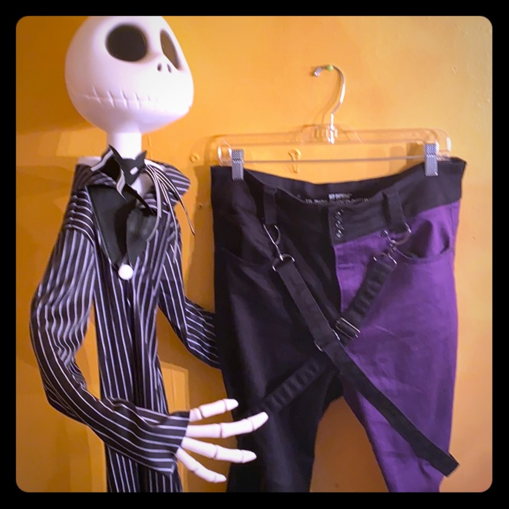 Purple and black strappy skinny jeans
